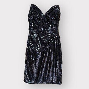 Tadashi Size 6 Vintage Black Sequin Strapless Sweetheart Neck FBodycon Mini Dres